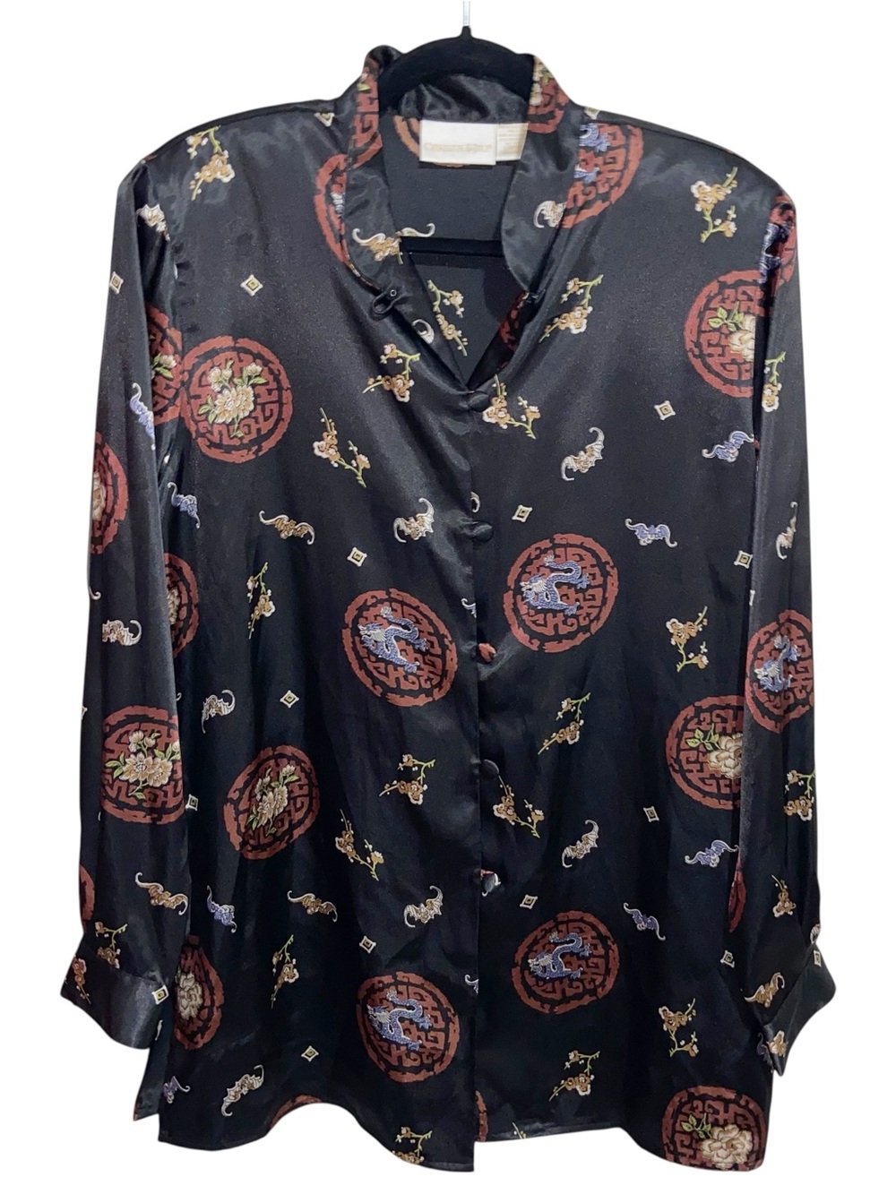 90s Christie & Jill Top Womens Large Satin Blouse Asian Oriental Ins. Dragon Vtg